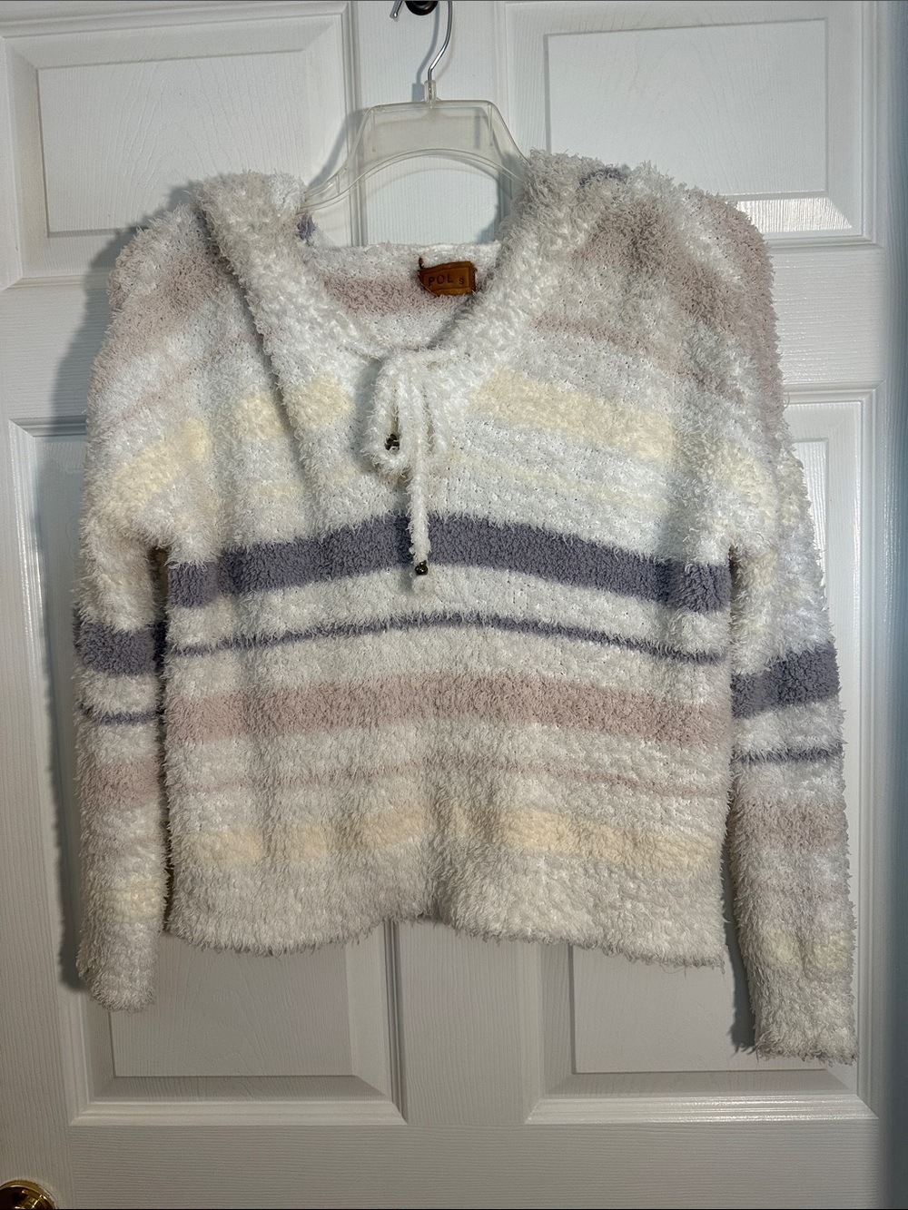 POL Plush Striped Pullover with Leather Logo - Cream & Brown